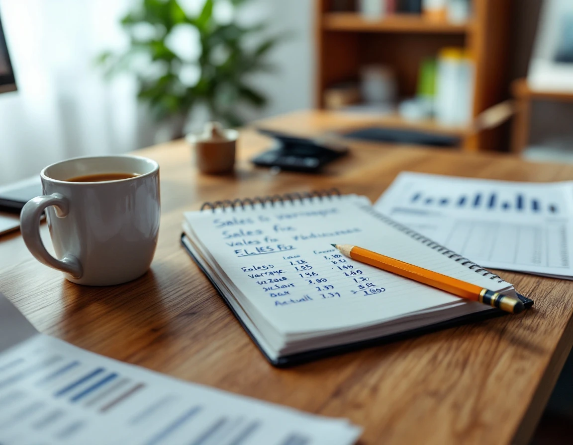 Desk workspace with handwritten sales tracking notes, calculator, and coffee cup under natural window light