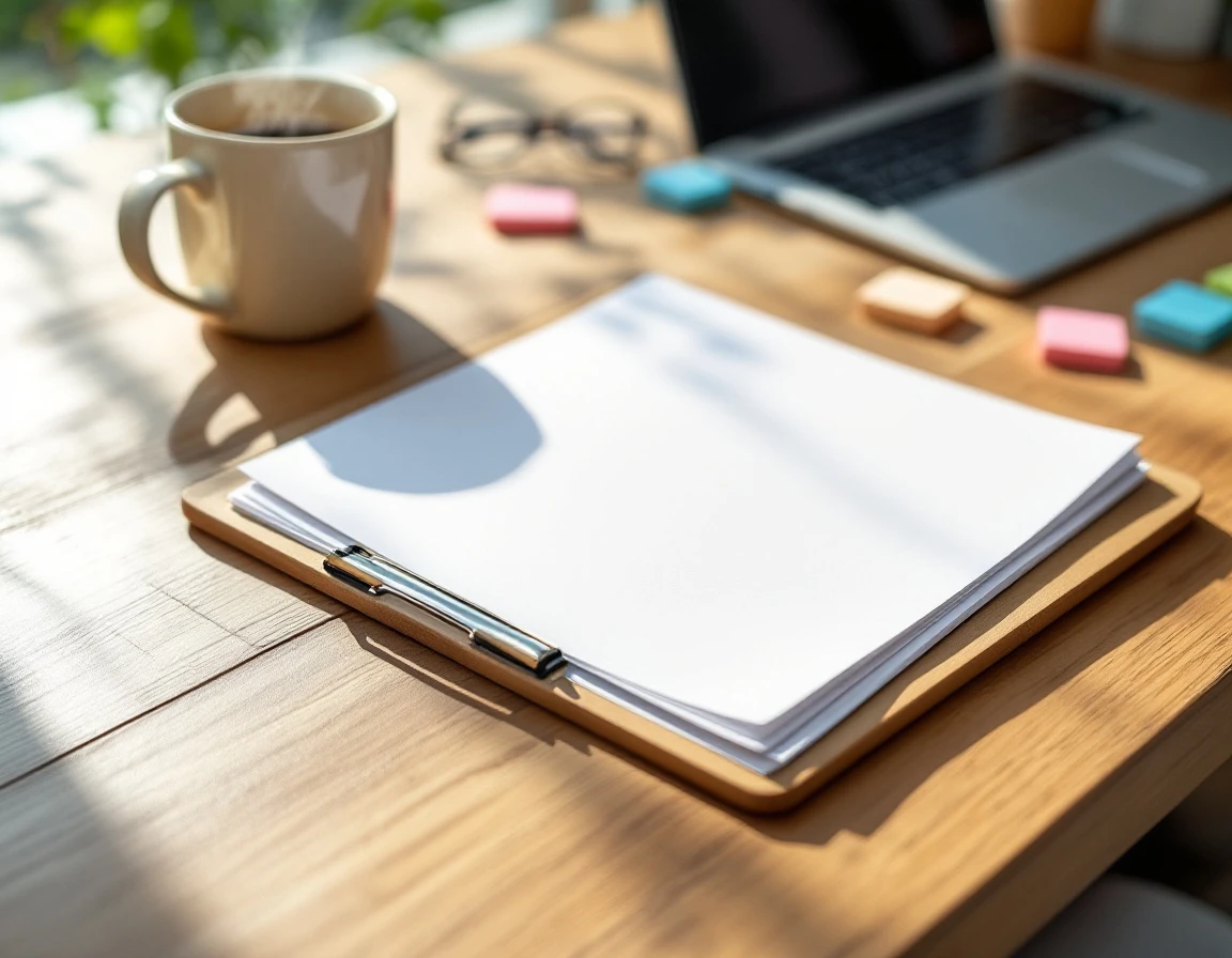 Organized workspace with clipboard, coffee, and laptop for employee scheduling and workforce planning