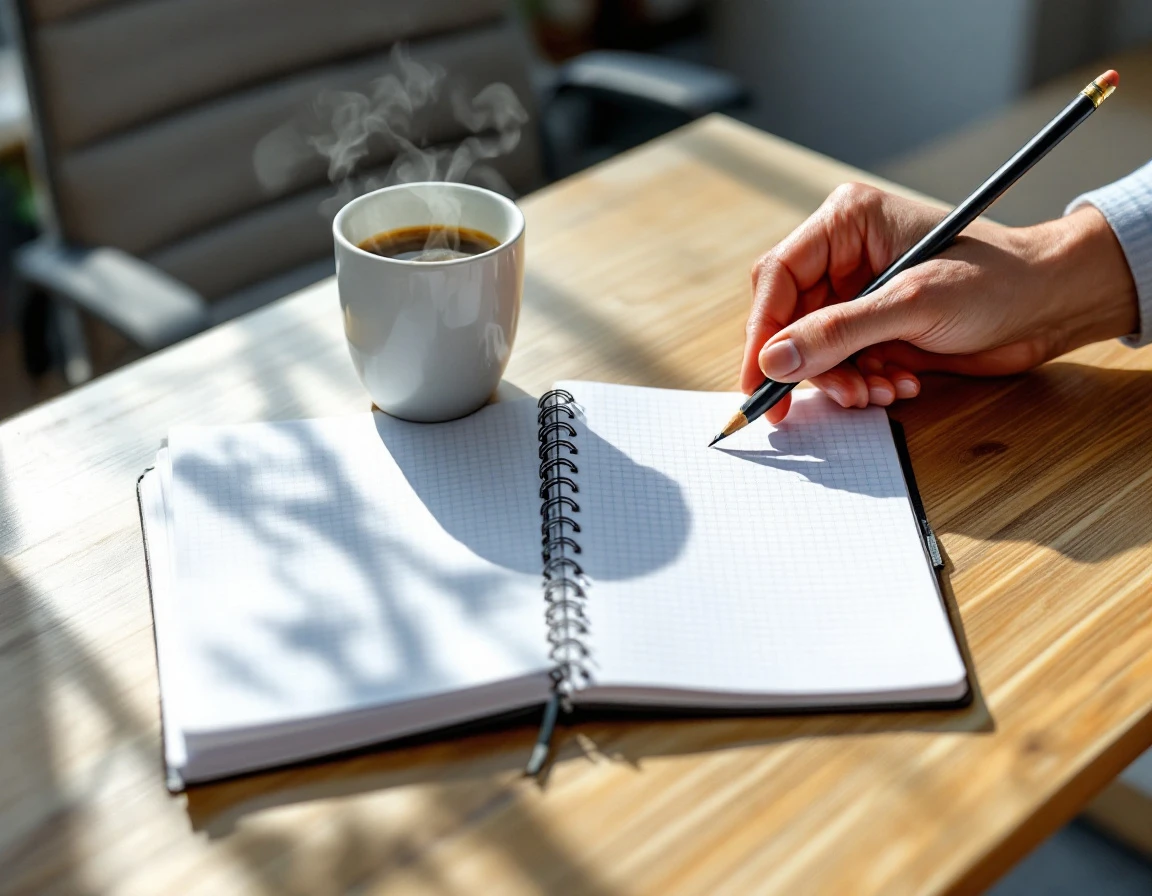 Workspace desk with blank notebook, pencil, and coffee mug prepared for quarterly budget planning session