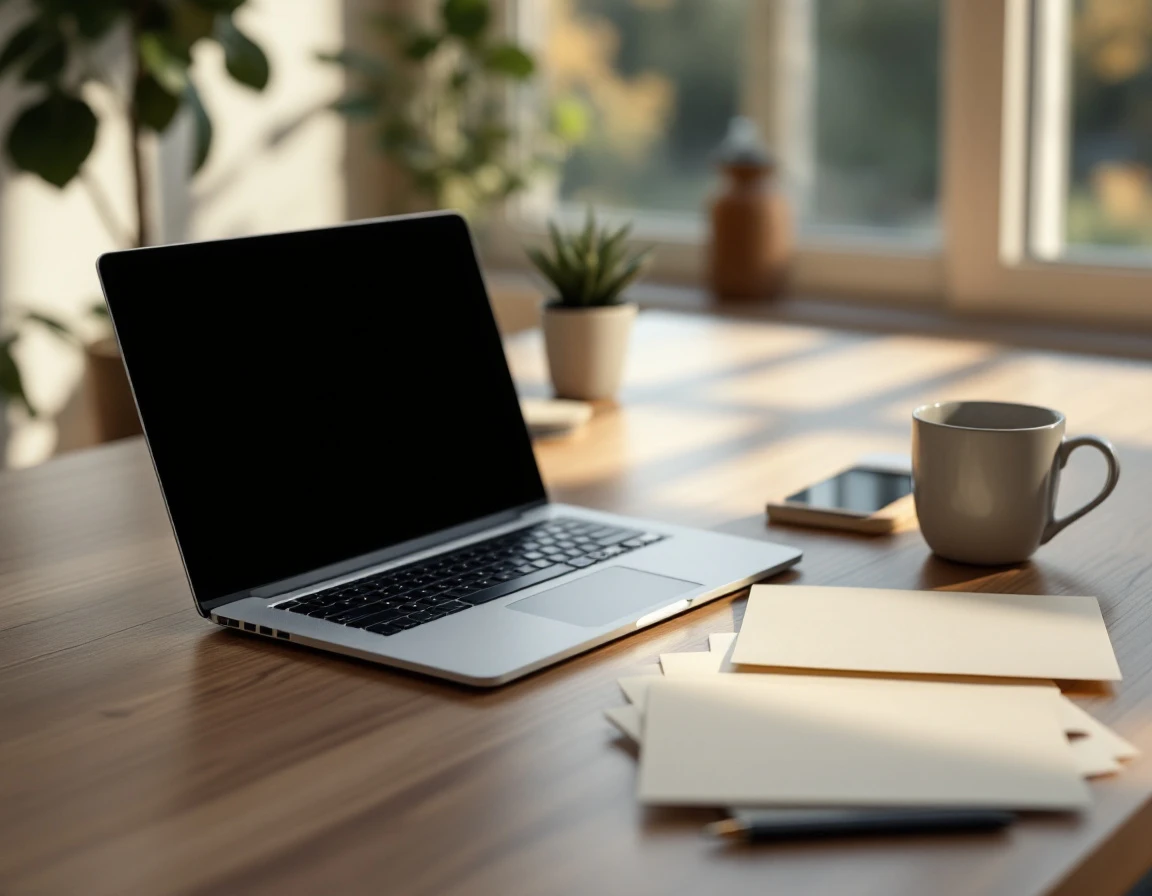 Clean workspace with laptop and blank papers on wooden desk with morning light