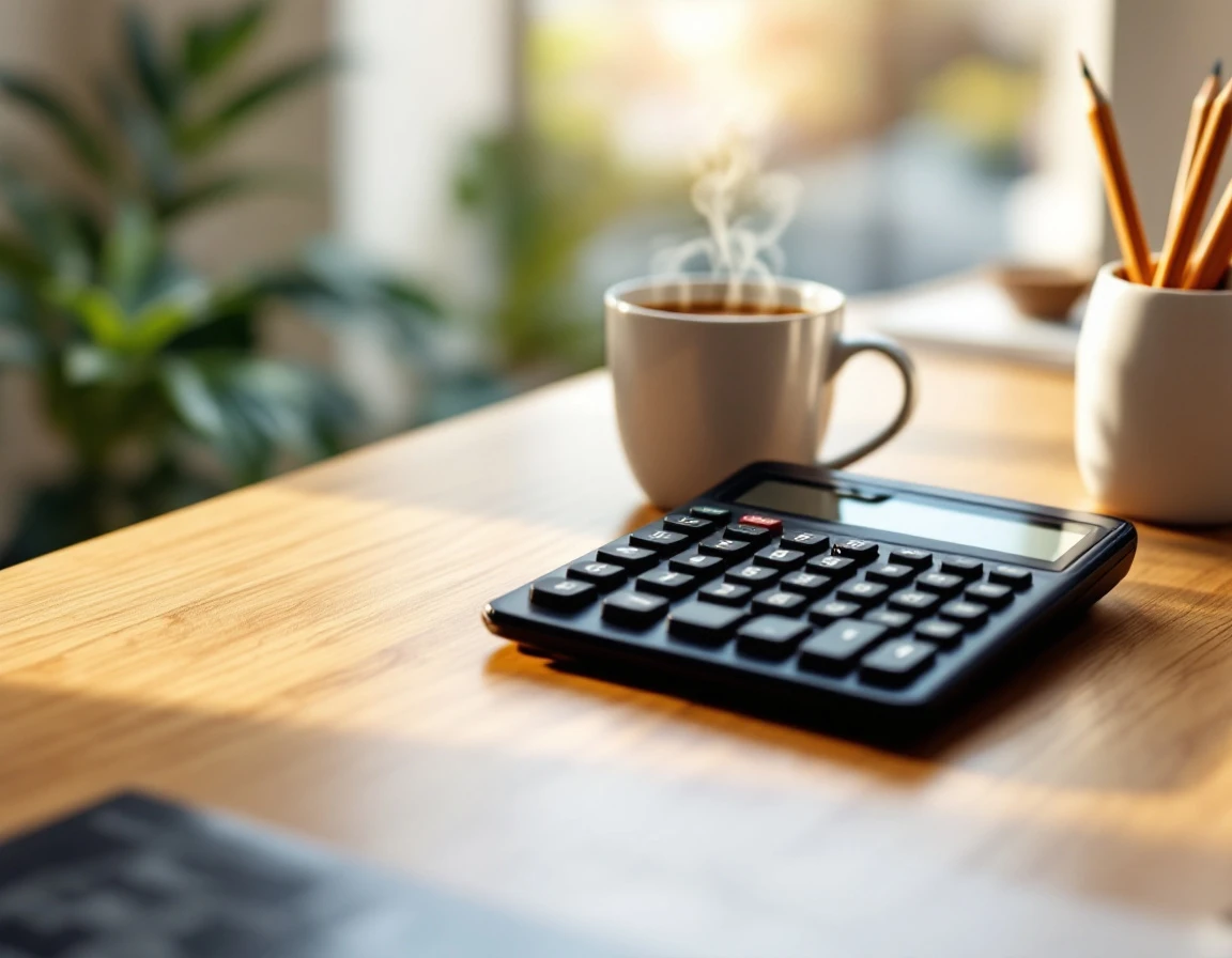 Calculator and coffee mug on wooden desk with morning light, representing labor budget planning workspace