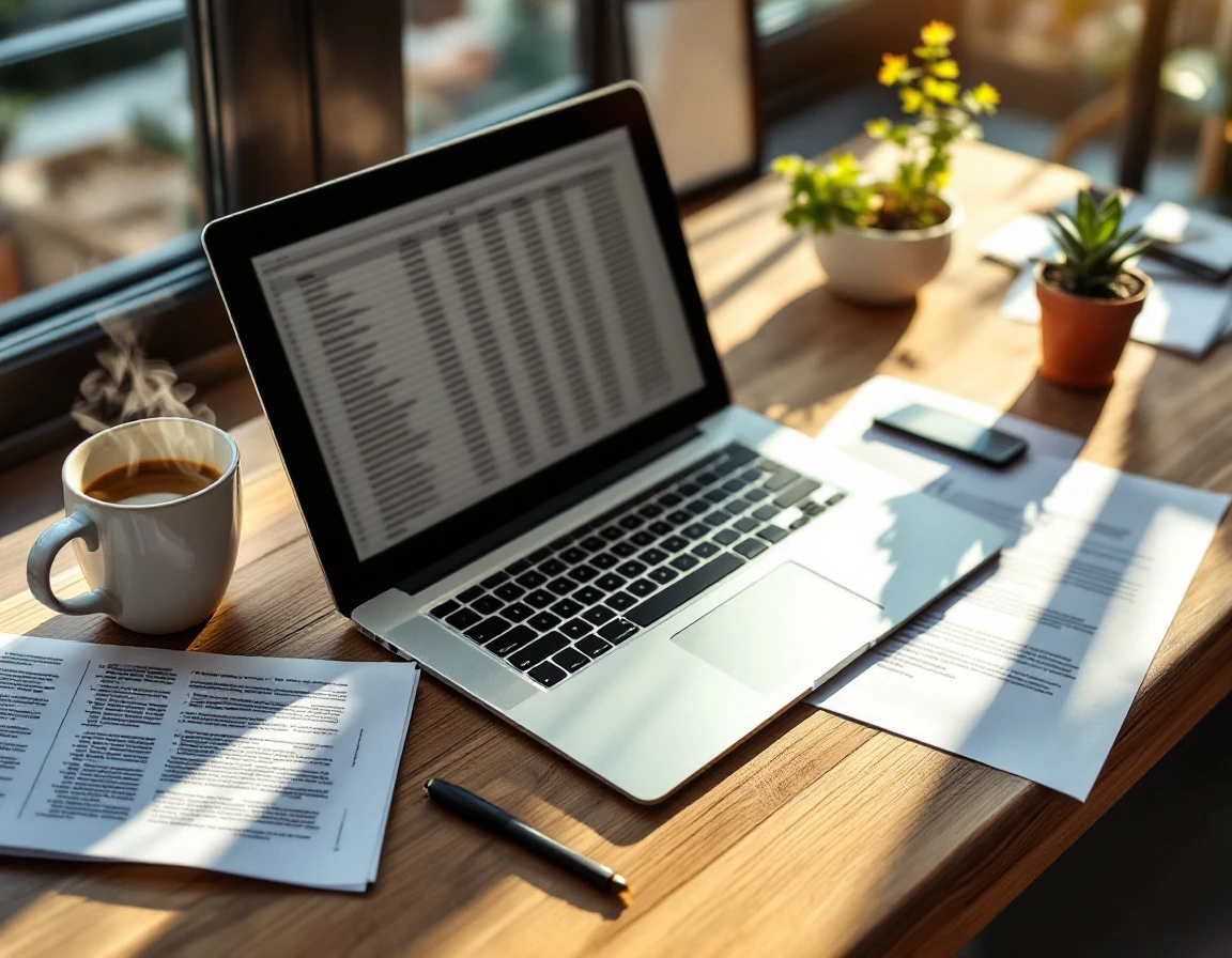 Workspace desk with laptop, business documents, and coffee mug in natural sunlight during productivity planning session