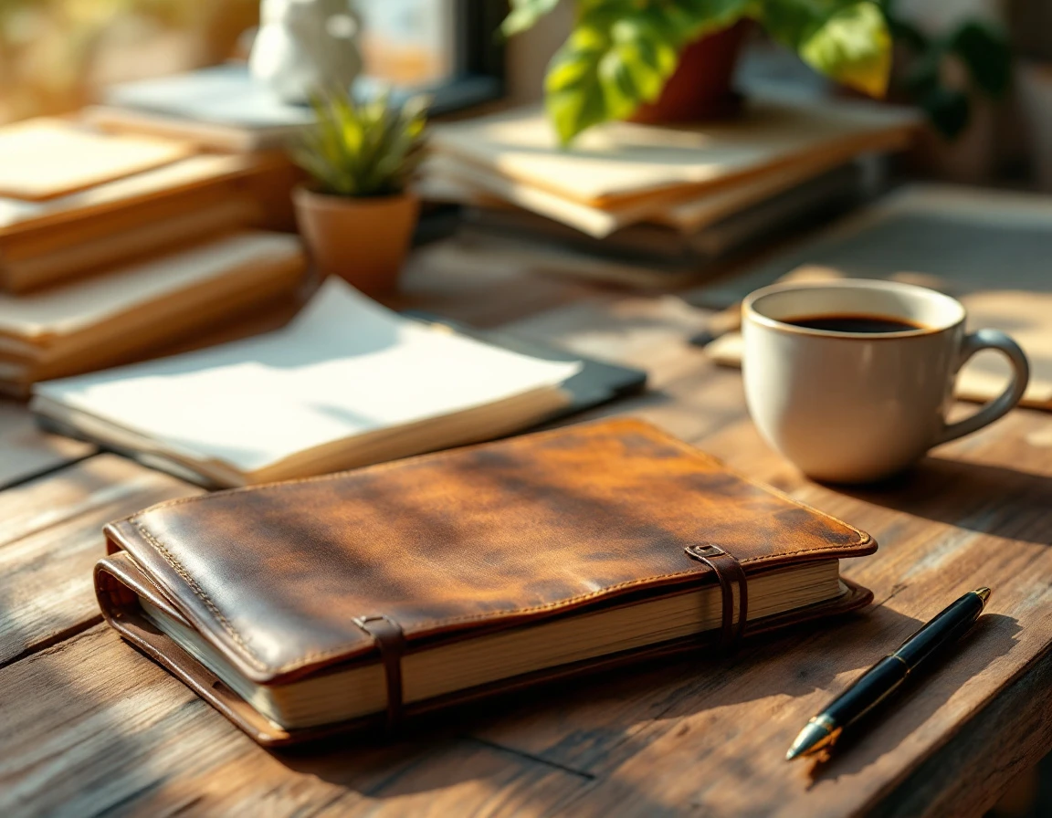 Organized desk workspace with leather planner, coffee, and office materials for employee evaluation planning