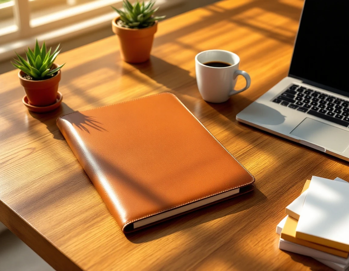Organized desk with closed portfolio, coffee, and laptop for seasonal staff evaluation planning