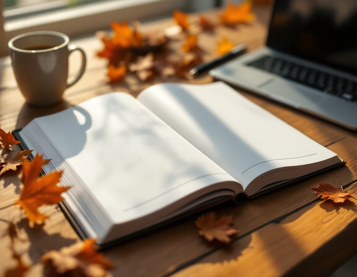 Workspace desk with blank planner, coffee, autumn leaves, and laptop for seasonal staff evaluation planning