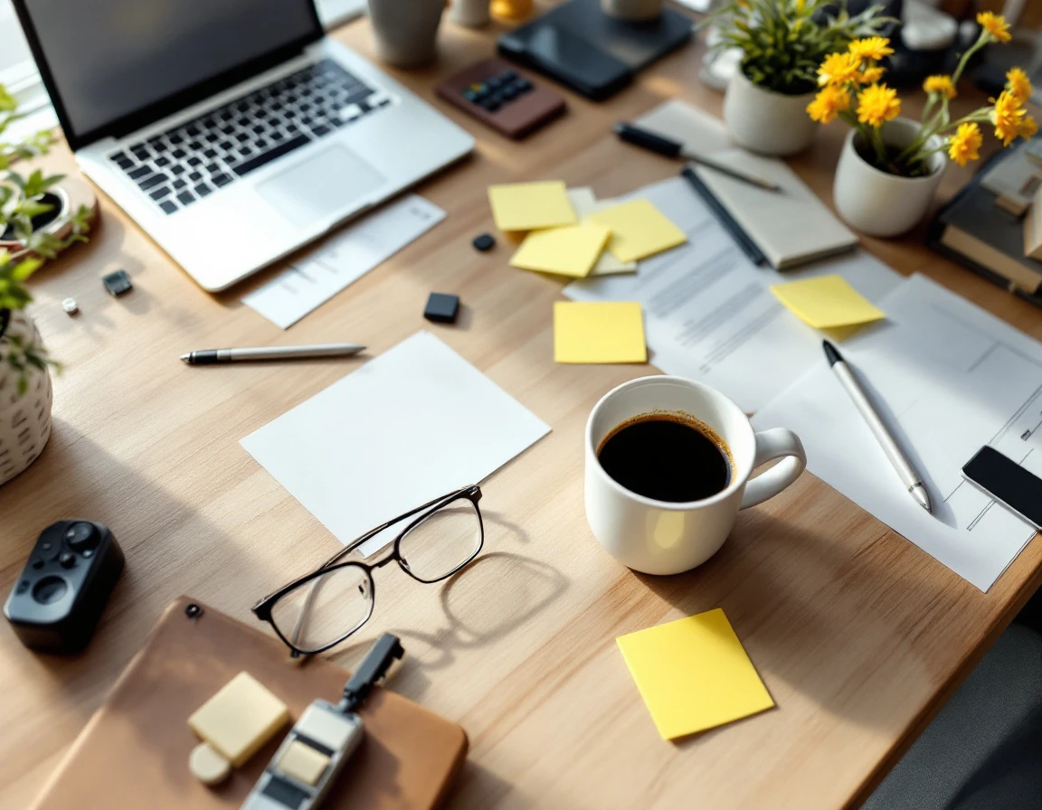 Overhead view of cluttered office desk with coffee, glasses, and blank papers showing workforce planning chaos