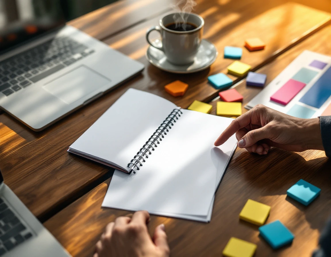 Overhead view of workforce planning workspace with blank planner, coffee, laptop, and colorful organizational notes