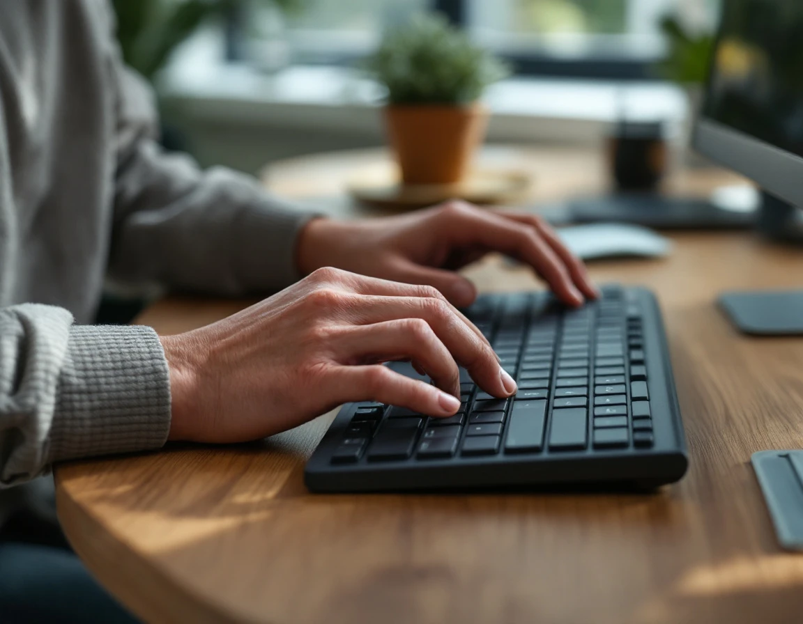 Close-up of hands typing at office workstation showing natural interaction with keyboard and desk materials