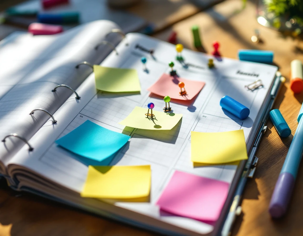 Open weekly planner with colorful markers and pins indicating schedule coverage patterns on desk