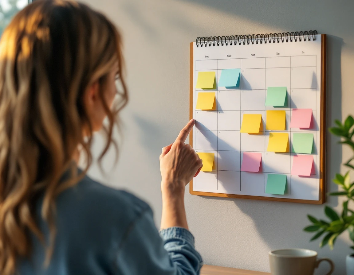 Wall calendar with colorful sticky notes being reviewed for schedule planning and coverage gaps