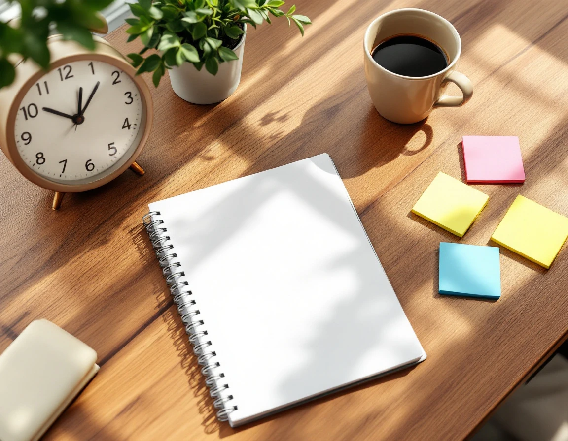 Overhead view of organized wooden desk with blank planner, coffee mug, clock, and colorful sticky notes in morning light