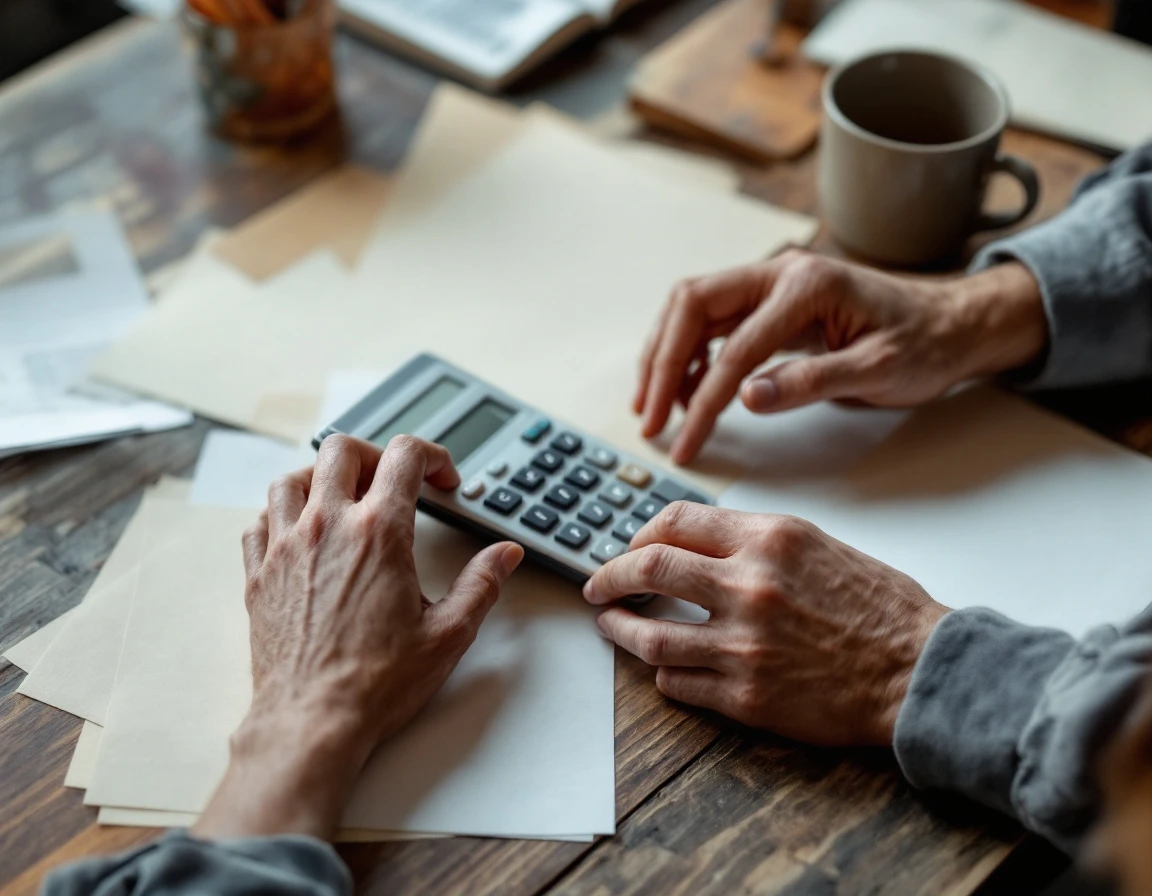 Manager's hands using calculator with blurred paperwork on wooden desk during labor cost analysis