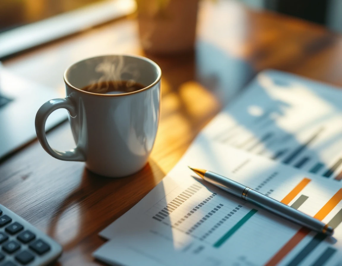 Coffee, calculator, and blurred financial documents on wooden desk in professional workspace