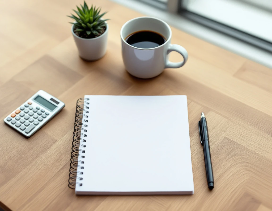 Wooden desk with calculator and coffee mug for labor cost tracking and financial planning