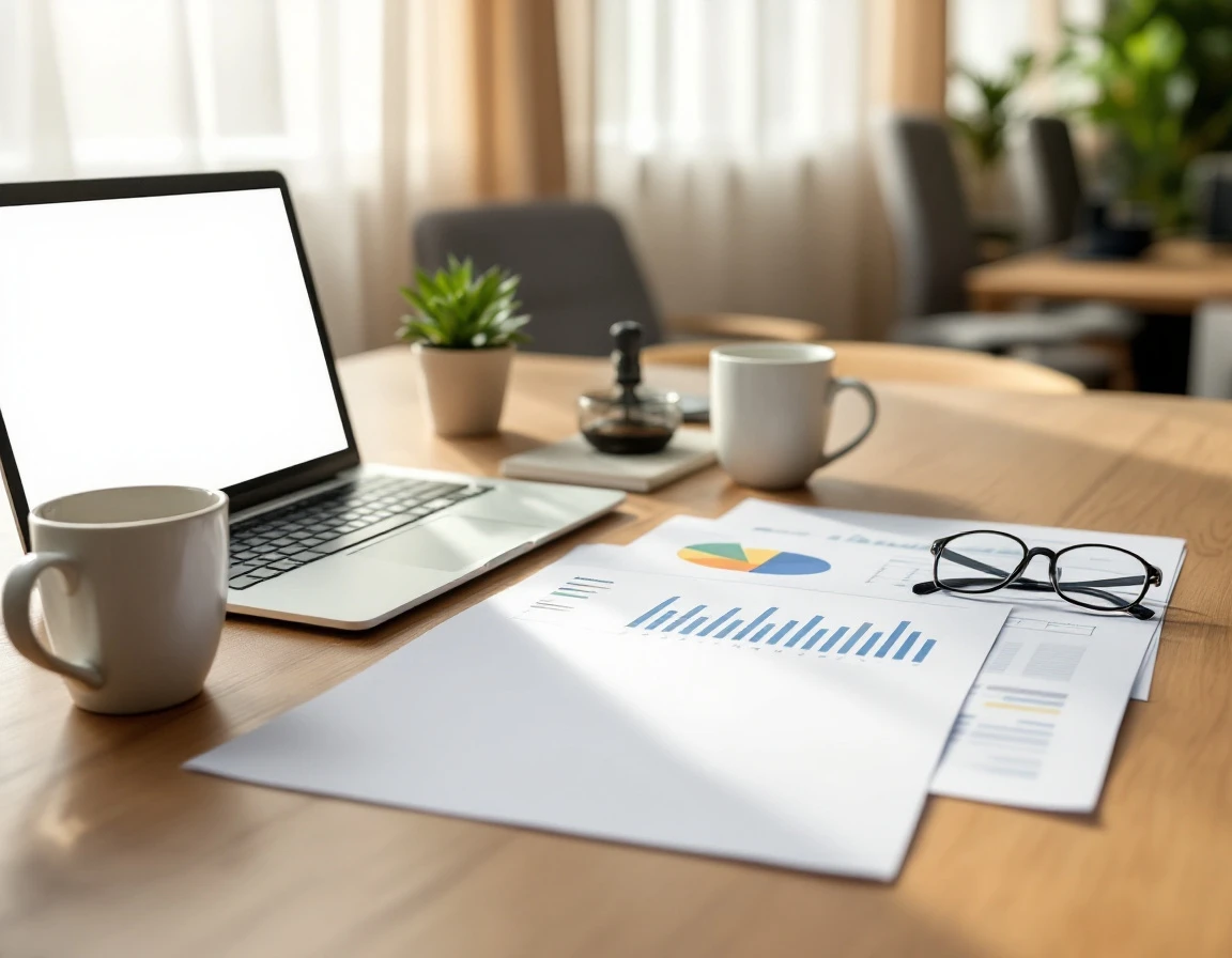 Office desk with blank analytical reports, laptop, and coffee suggesting data-driven hiring review