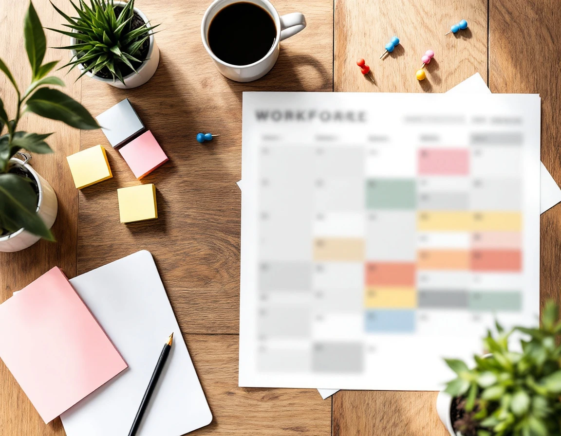 Overhead view of organized desk workspace with planning documents, laptop, coffee, and color-coded scheduling materials