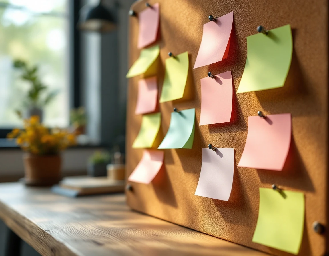 Cork planning board with colorful sticky notes arranged in columns showing advance holiday scheduling preparation