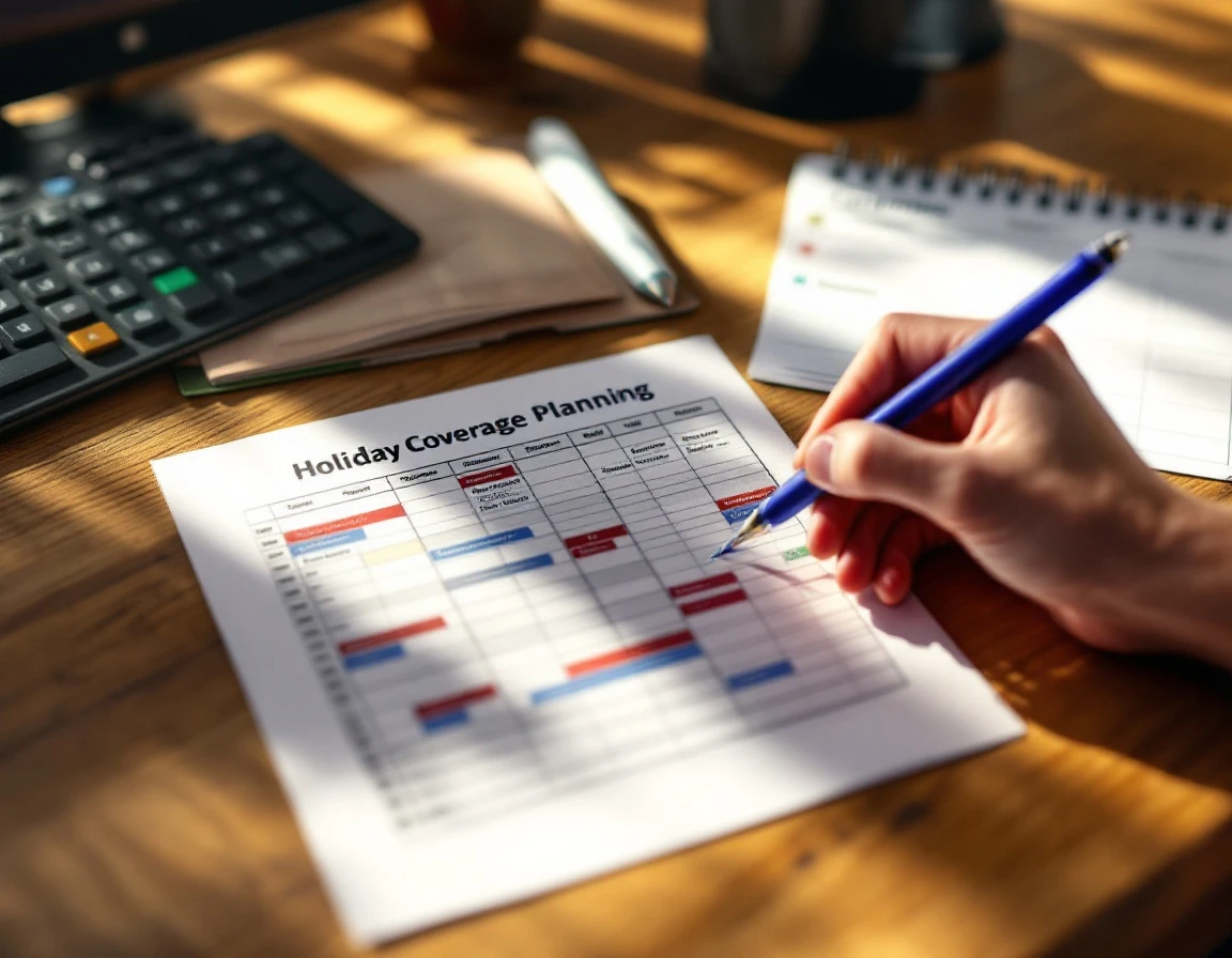 Holiday coverage planning materials showing shift schedule grid and September calendar on office desk