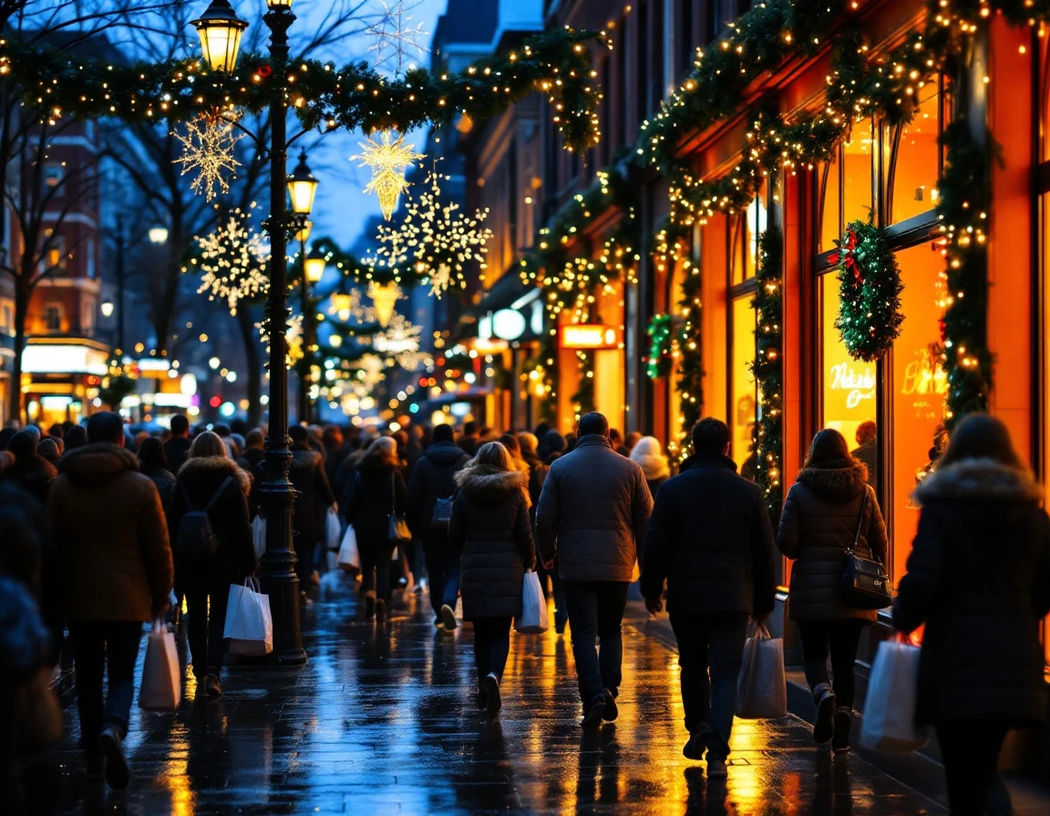 Busy retail shopping district during holiday season with crowds of shoppers and illuminated storefronts at dusk
