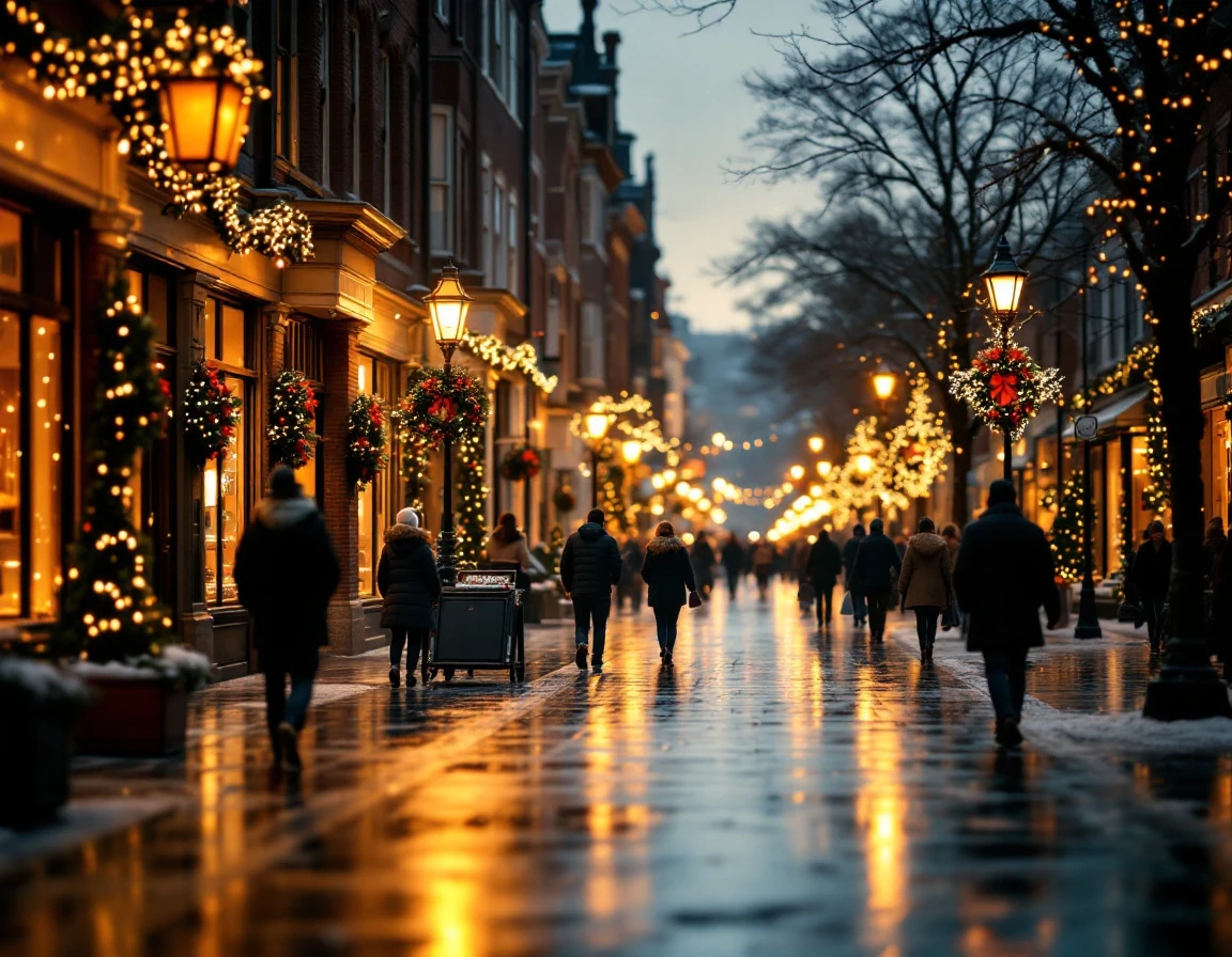 Holiday shopping district at dusk with decorated storefronts and shoppers on wet pavement during peak retail season
