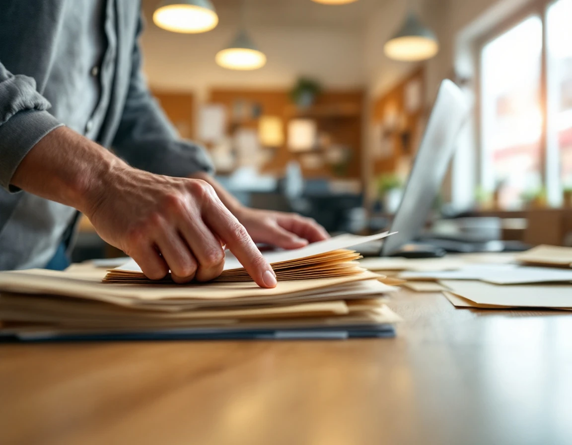 Hands organizing workforce scheduling materials on a retail office desk with warm natural lighting