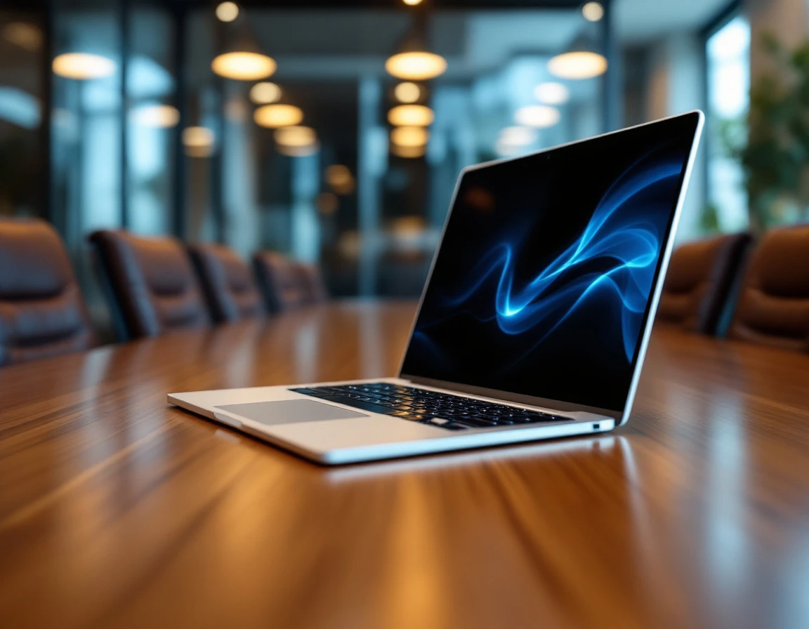 Laptop positioned at angle on conference table in modern boardroom with blurred screen and warm ambient lighting