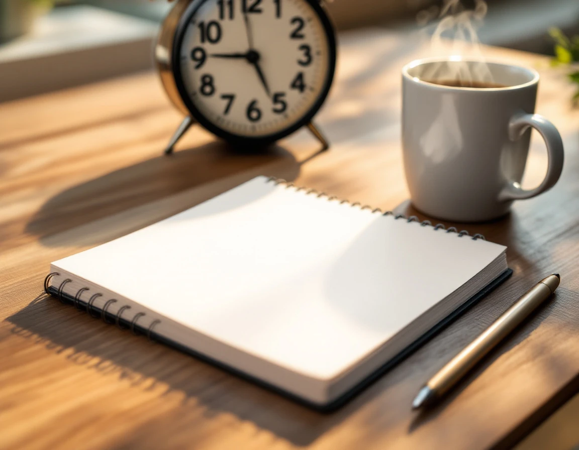 Morning workspace with blank notebook, coffee mug, and analog clock on wooden desk in natural light