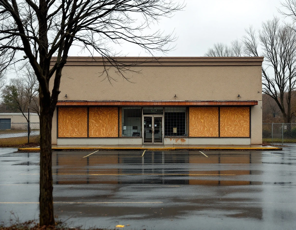 Abandoned retail storefront with boarded windows and empty parking lot showing impact of store closure