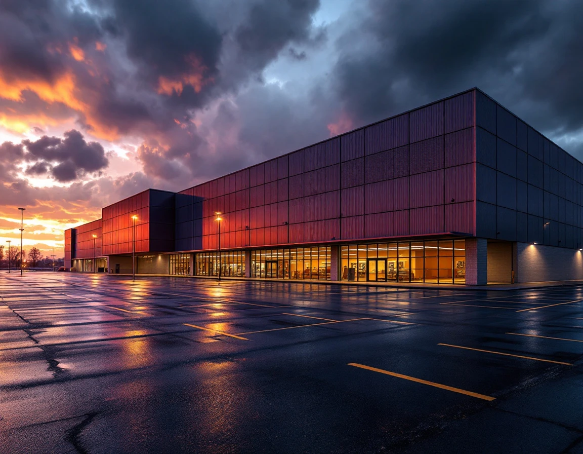 Empty big-box retail building exterior with vacant parking lot at dusk under dramatic cloudy sky