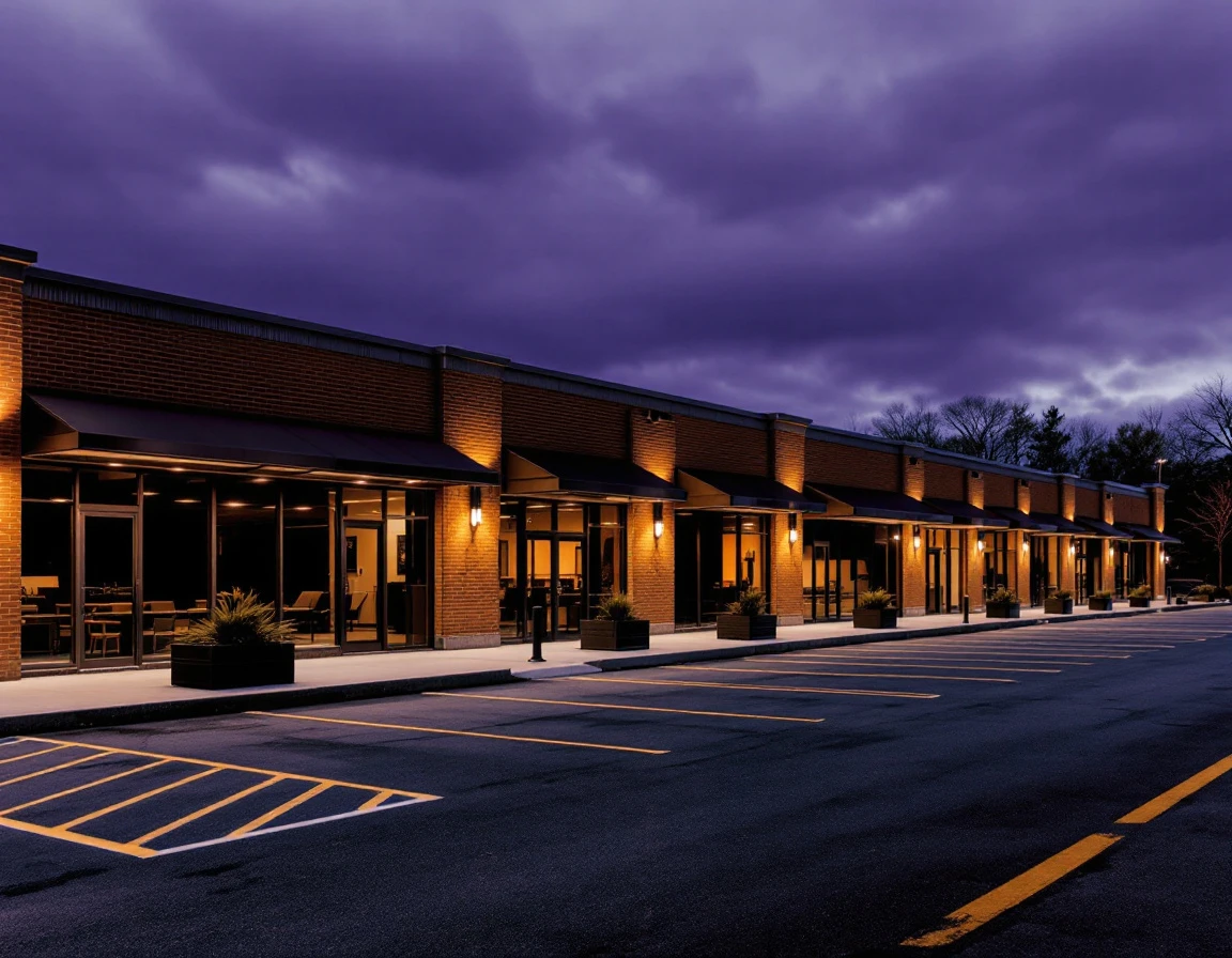 Empty retail strip center at dusk showing vacant storefronts and parking lot during business consolidation
