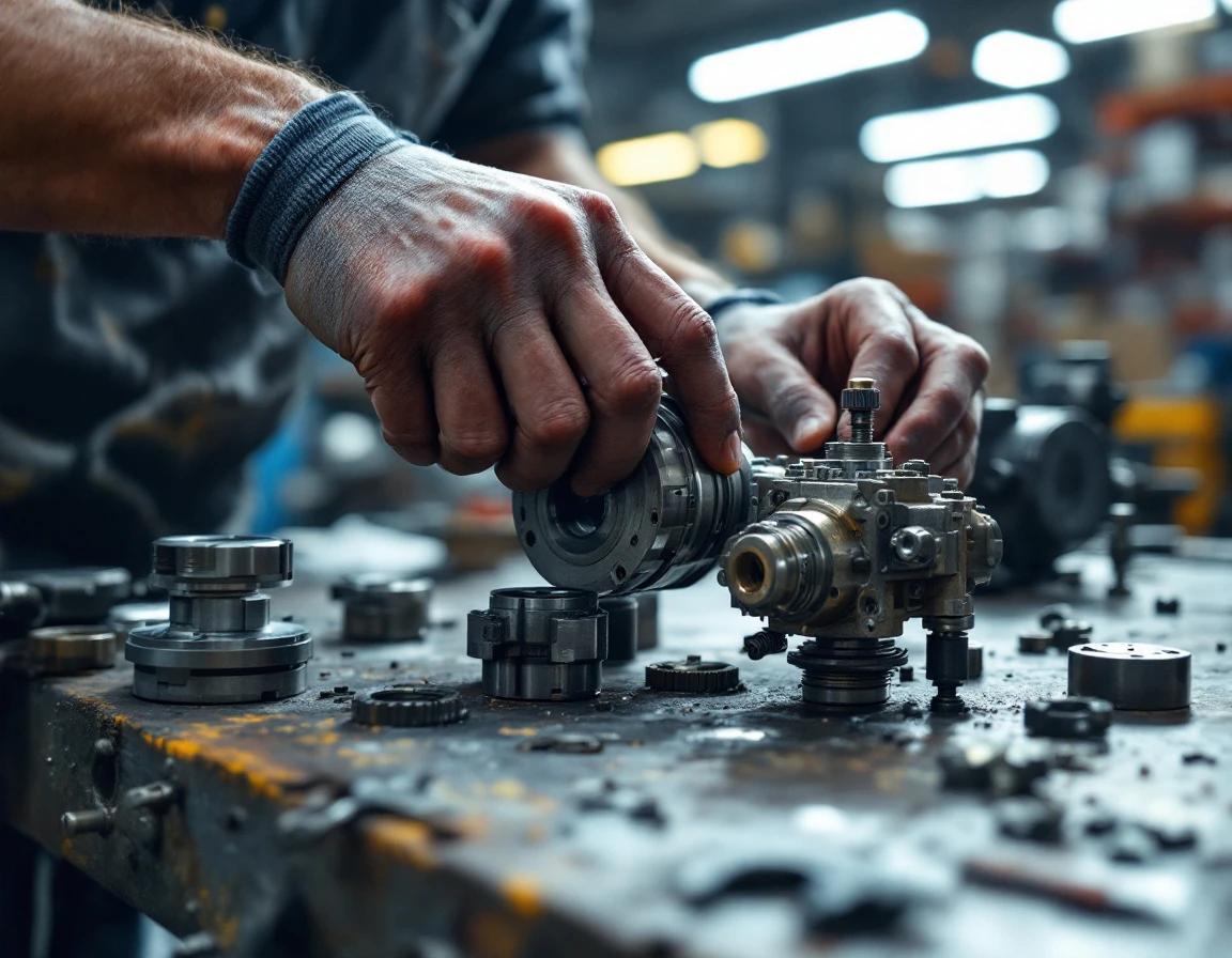 Warehouse worker's hands assembling precision metal components on industrial workstation