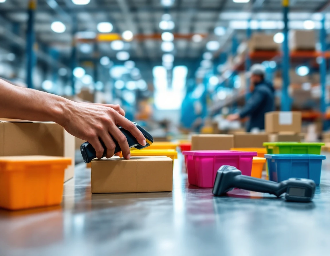 Warehouse worker's hands organizing inventory bins and scanning equipment on work surface