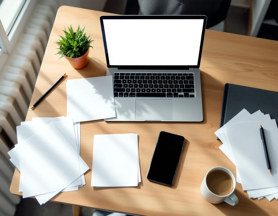 Organized workspace with laptop, planning documents, and coffee for retail staffing calculations