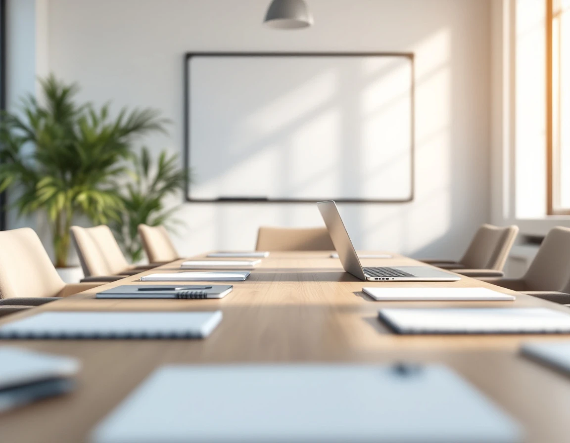 Modern meeting room setup with natural lighting and collaborative workspace arrangement for staff training sessions