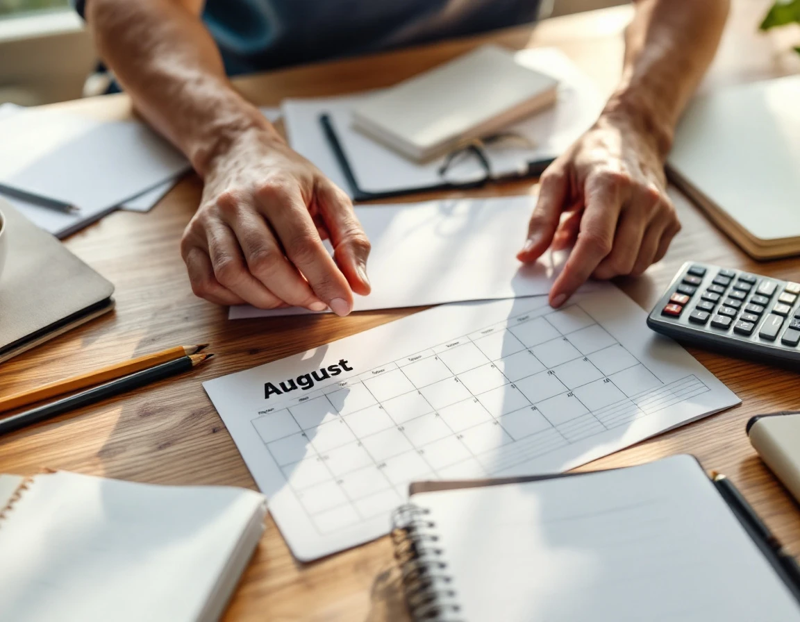 Hands arranging blank scheduling materials, calendar, and calculator on wooden desk during workforce planning session