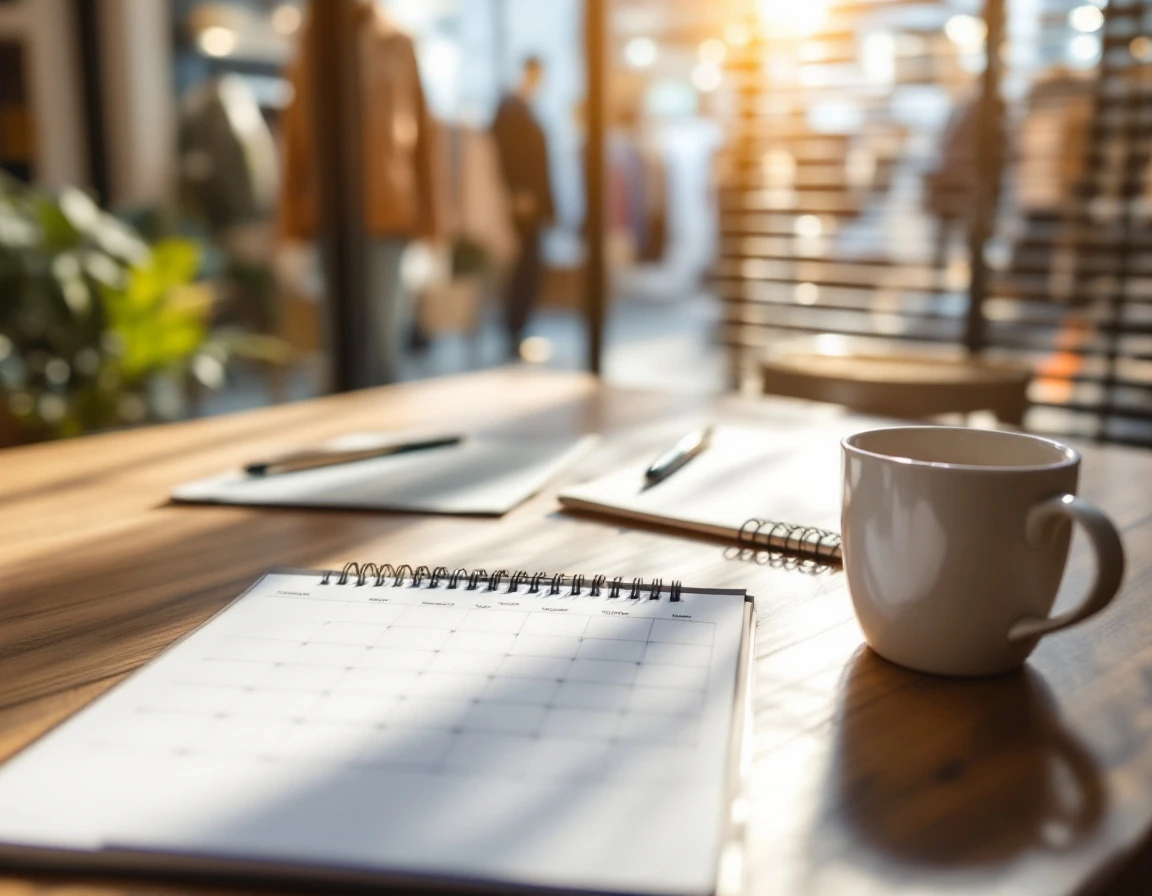 Retail office desk with blank scheduling materials and planning tools in natural window light