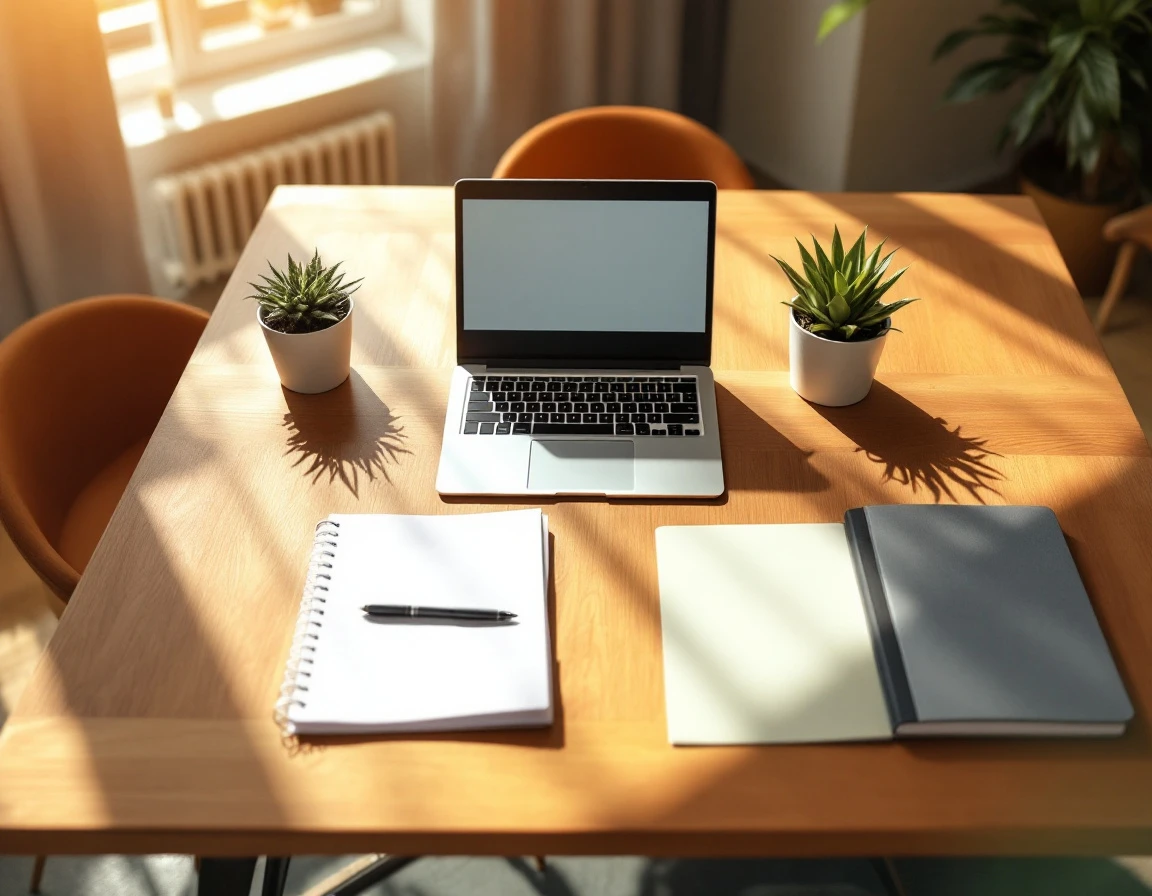 Organized onboarding workspace with laptop, notebook, and welcome materials on wooden table