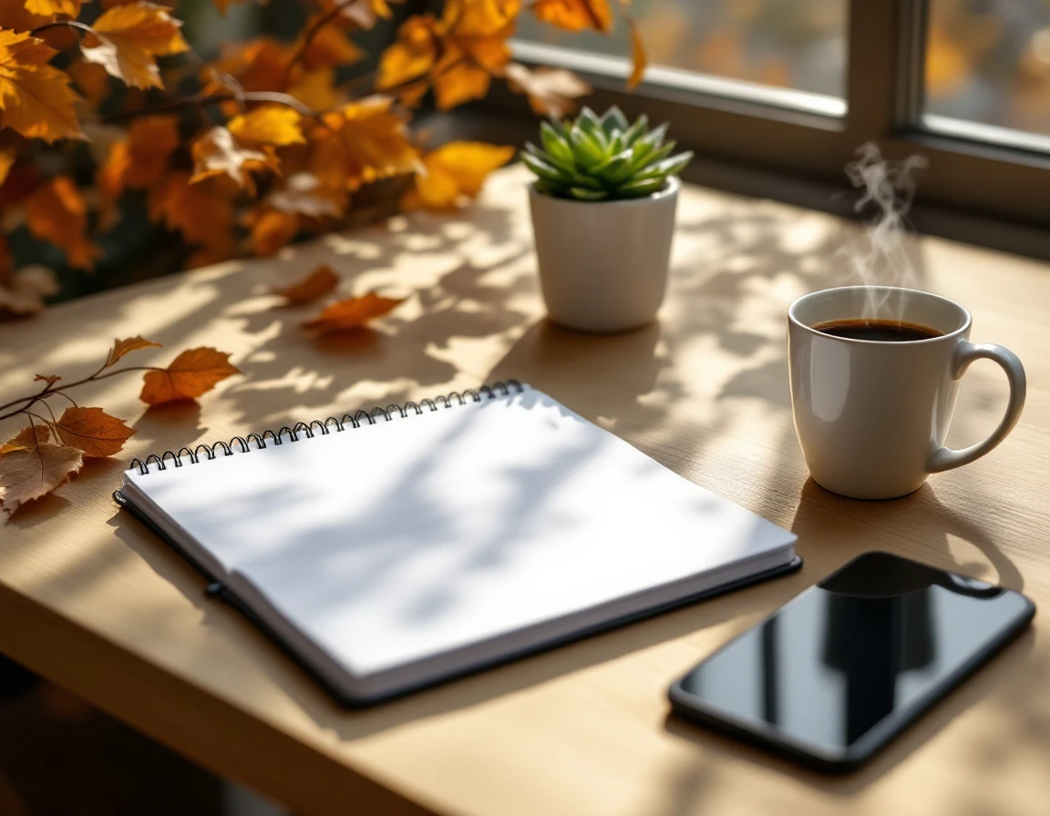 Modern workspace desk with notebook, coffee, and autumn leaves in natural morning light