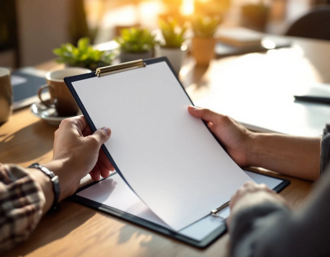Manager holding blank clipboard on desk preparing for seasonal staffing planning
