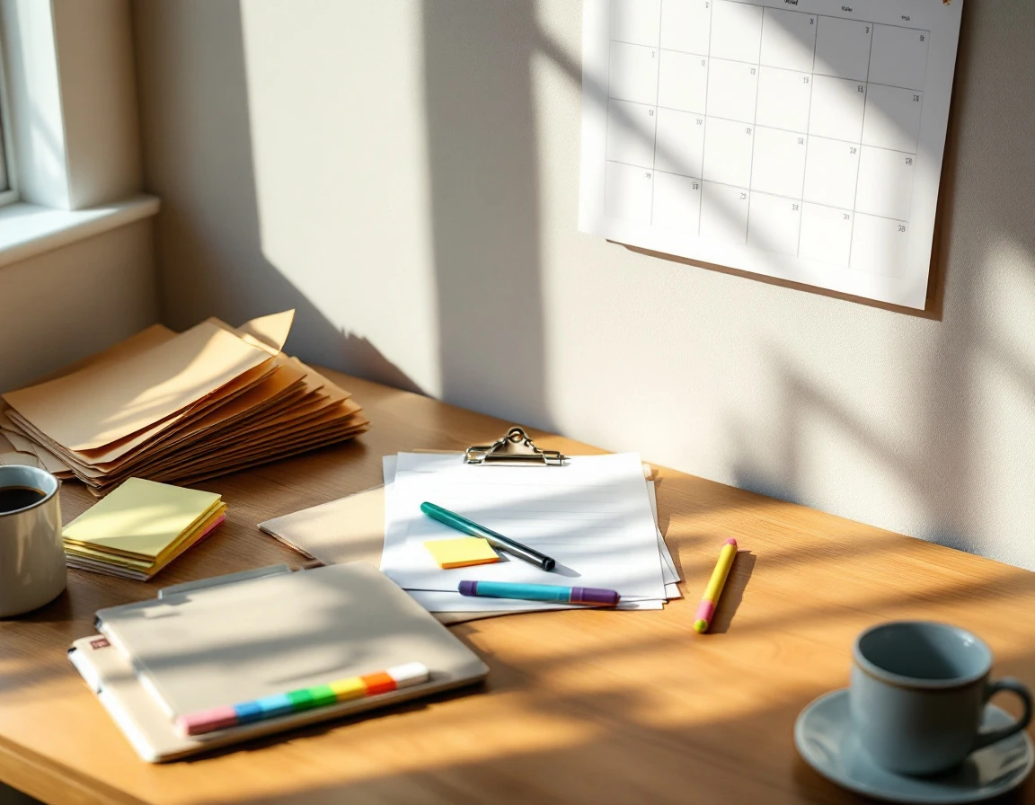 Organized desk with training materials, blank folders, markers, and blurred calendar for retail scheduling