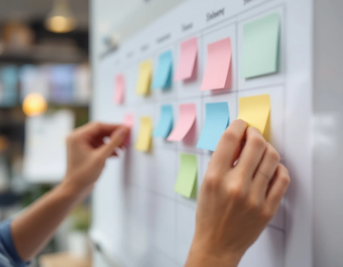 Hands arranging colorful sticky notes on scheduling grid during retail planning session
