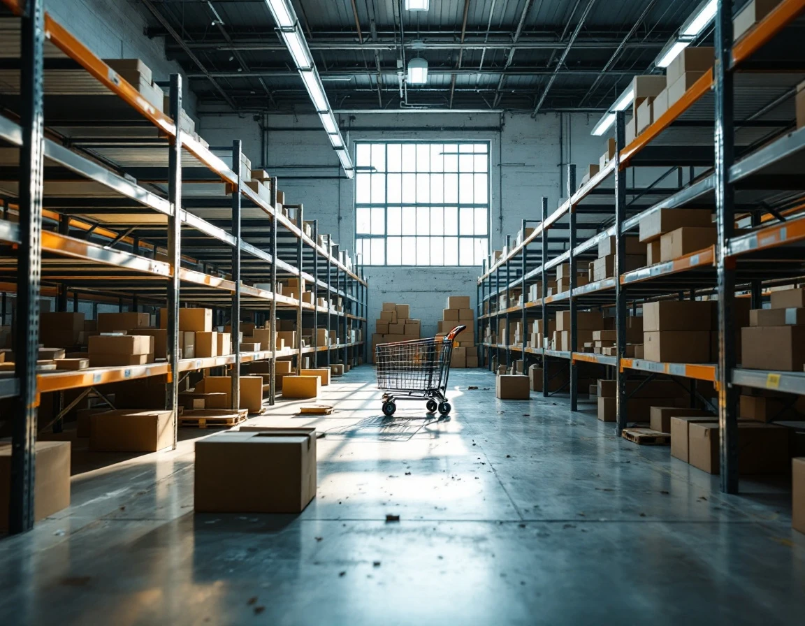 Understaffed retail stockroom with empty shelves and scattered inventory showing operational breakdown