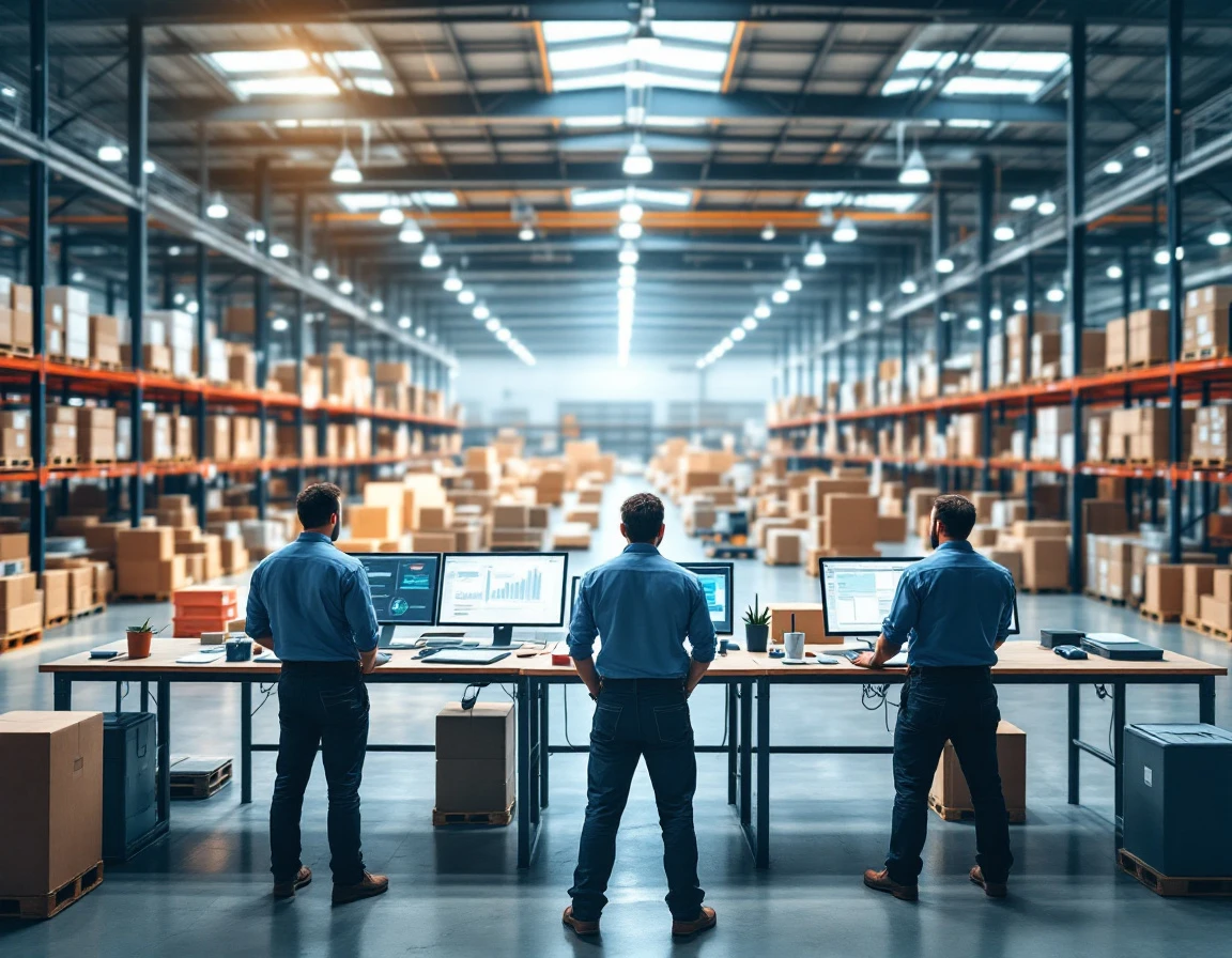 Warehouse workers coordinating inventory operations across multiple workstations in modern fulfillment center