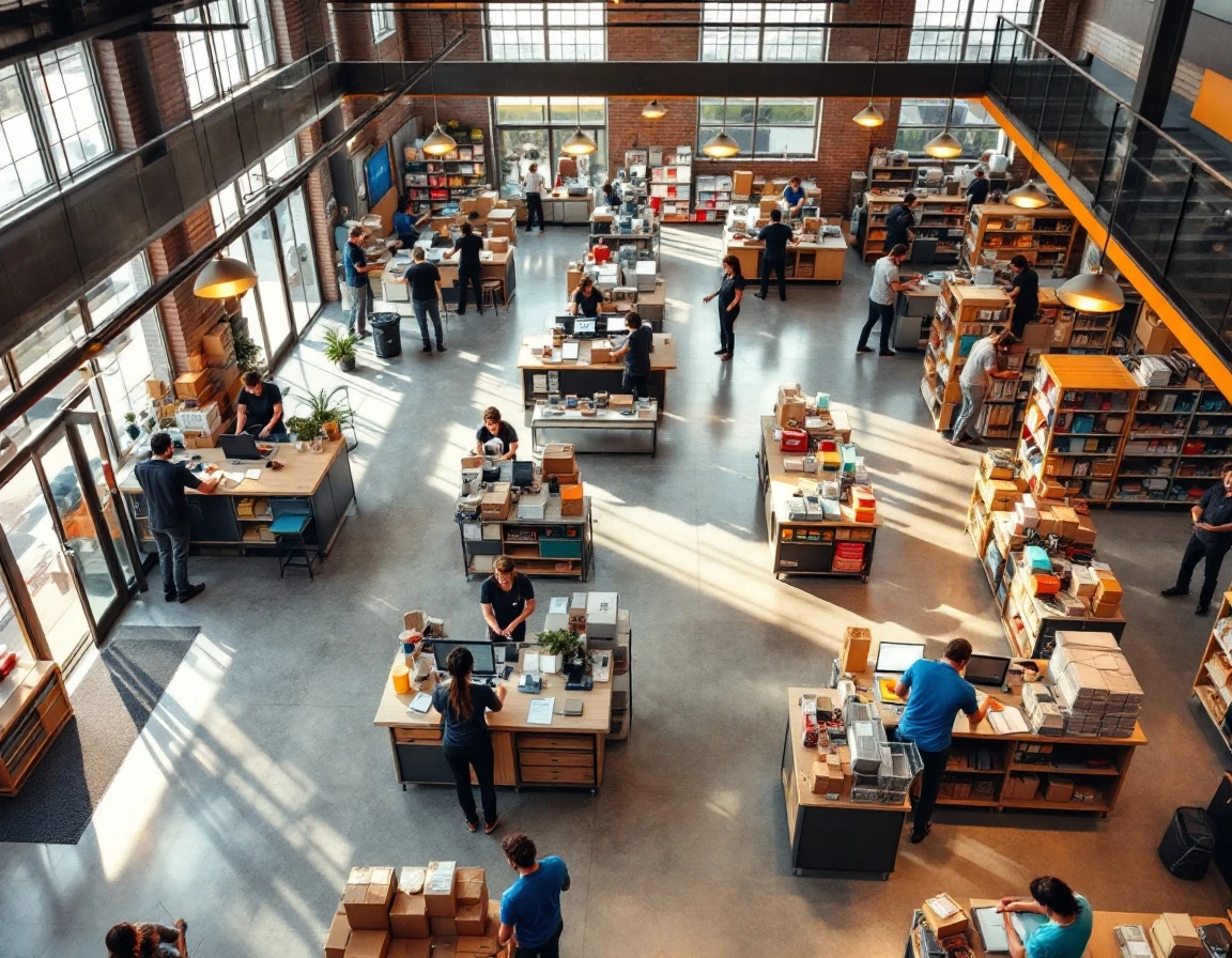 Retail store interior showing multiple employees working across sales floor, registers, and stockroom areas
