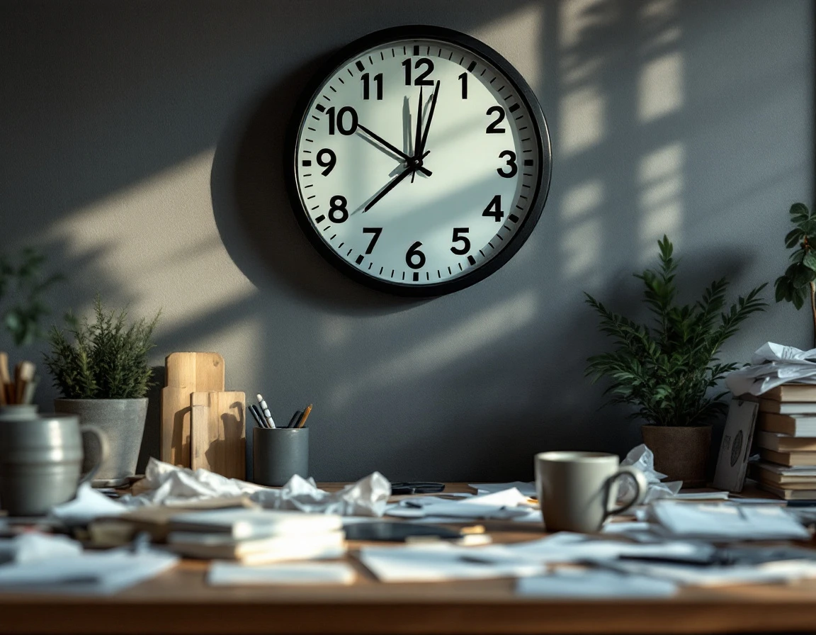 Wall clock above cluttered office desk showing late evening hours with scattered papers and empty coffee mug