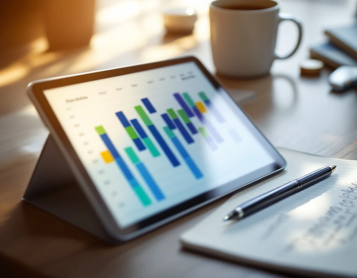Desk workspace with calendar planner and tablet showing blurred scheduling charts for labor planning