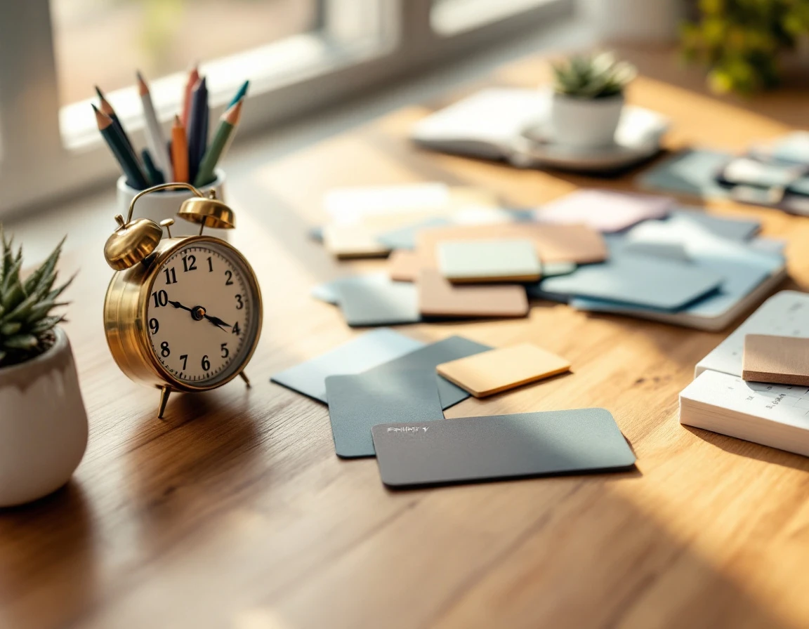 Wooden desk with analog planning tools, color-coded cards, and brass clock for July workforce audit