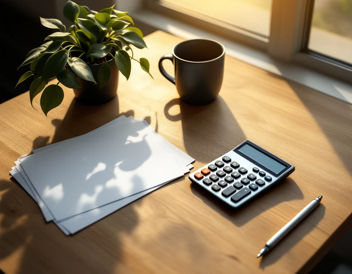 Wooden desk with calculator, pen, and plant during mid-year labor planning review session