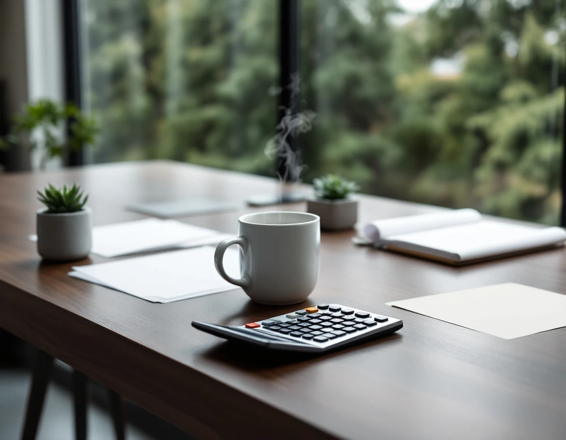 Desk workspace with coffee, calculator, and blurred documents during mid-year financial planning review