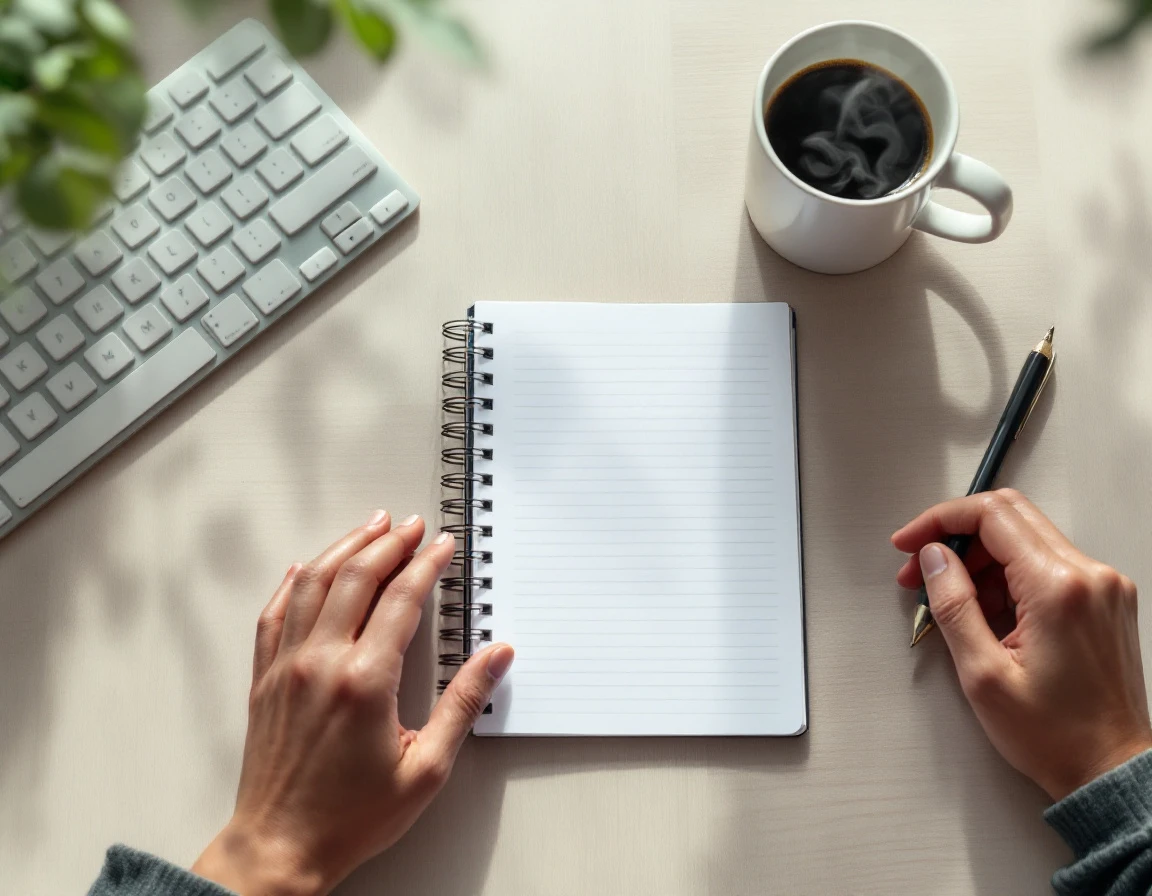 Overhead view of desk with paper planner, coffee mug, and keyboard during scheduling review
